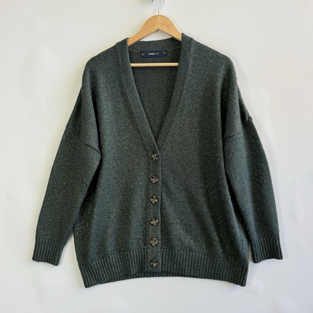 Zara Womens Medium Forest Green Metallic Cardigan Grandpa Core‎ Cabin Sweater